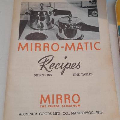 Complete Vintage MIRRO-MATIC Aluminum 4 Qt Pressure Cooker with wood handled Foley Food mill