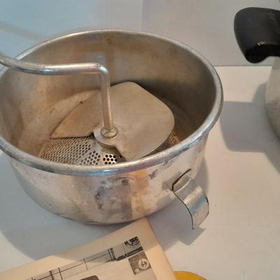Complete Vintage MIRRO-MATIC Aluminum 4 Qt Pressure Cooker with wood handled Foley Food mill