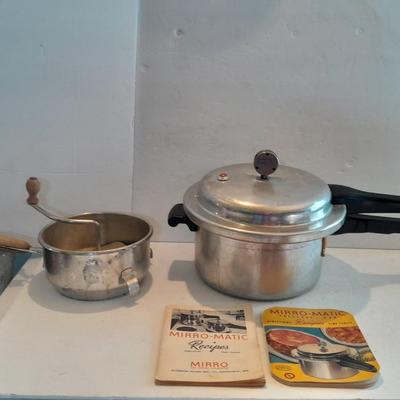 Complete Vintage MIRRO-MATIC Aluminum 4 Qt Pressure Cooker with wood handled Foley Food mill