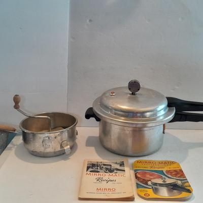 Complete Vintage MIRRO-MATIC Aluminum 4 Qt Pressure Cooker with wood handled Foley Food mill