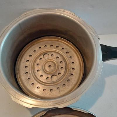 Complete Vintage MIRRO-MATIC Aluminum 4 Qt Pressure Cooker with wood handled Foley Food mill