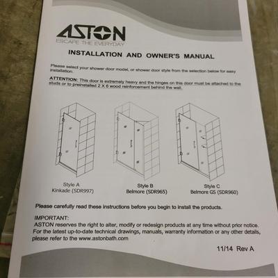 NIB Aston Tempered Glass Shower Door and Hardware (G-DW)