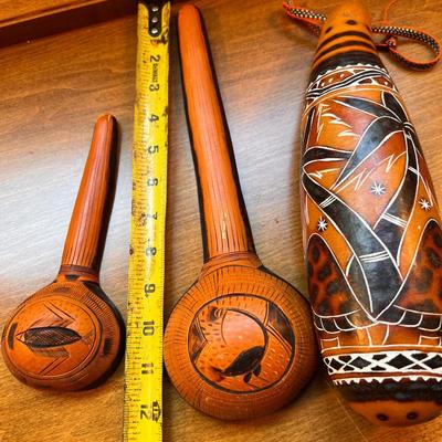 Lot Vintage Carved African Gourd Art