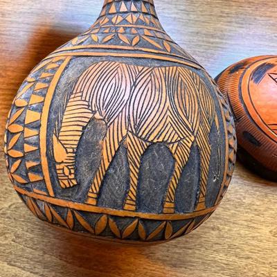 Lot Vintage Carved African Gourd Art