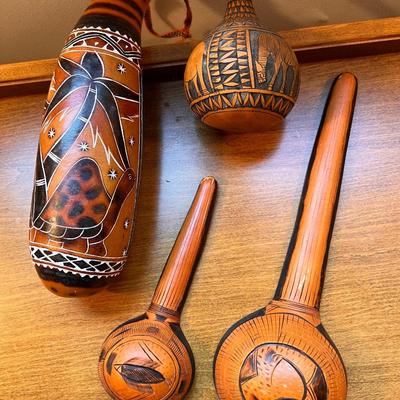 Lot Vintage Carved African Gourd Art