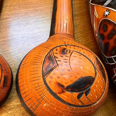 Lot Vintage Carved African Gourd Art