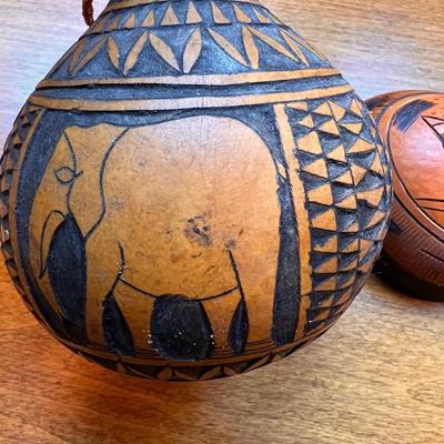 Lot Vintage Carved African Gourd Art