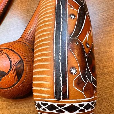Lot Vintage Carved African Gourd Art