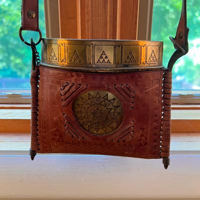 Antique Vintage Hand Tooled Leather Etched Brass Purse Bag