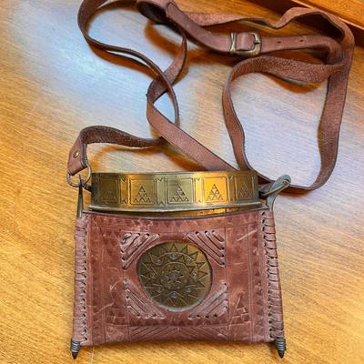 Antique Vintage Hand Tooled Leather Etched Brass Purse Bag