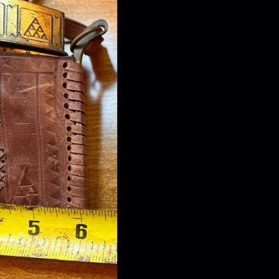 Antique Vintage Hand Tooled Leather Etched Brass Purse Bag