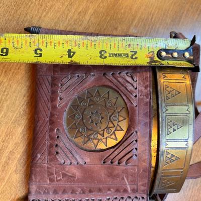 Antique Vintage Hand Tooled Leather Etched Brass Purse Bag