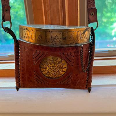 Antique Vintage Hand Tooled Leather Etched Brass Purse Bag