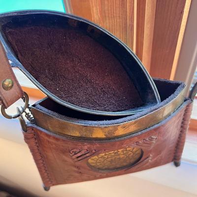 Antique Vintage Hand Tooled Leather Etched Brass Purse Bag