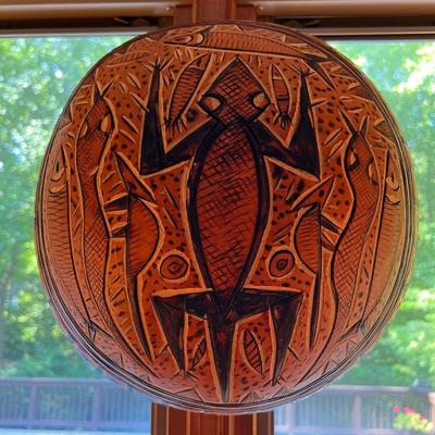 Amazing 15â€ Diam. Hand Carved African Gourd Bowl