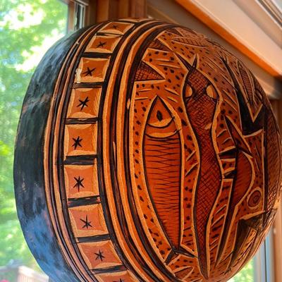 Amazing 15â€ Diam. Hand Carved African Gourd Bowl