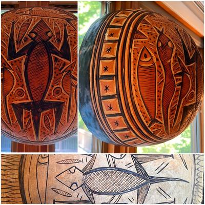 Amazing 15â€ Diam. Hand Carved African Gourd Bowl