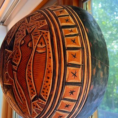 Amazing 15â€ Diam. Hand Carved African Gourd Bowl