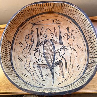 Amazing 15â€ Diam. Hand Carved African Gourd Bowl
