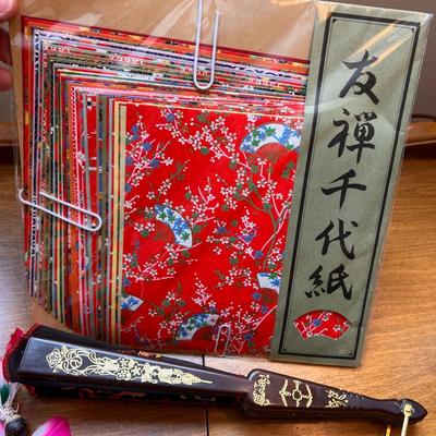 Vintage Japanese Hogoita Set, Japanese Fan, Origami Paper