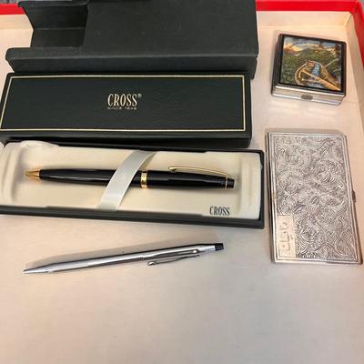 Mixed Lot - Cross Pens, Vintage Compact, Ornate Business Card Holder