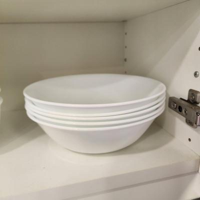 Cabinet Lot Glassware, Corelle Vitrelle  Plates, Bowls,
