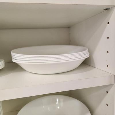 Cabinet Lot Glassware, Corelle Vitrelle  Plates, Bowls,
