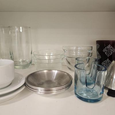 Cabinet Lot Glassware, Corelle Vitrelle  Plates, Bowls,