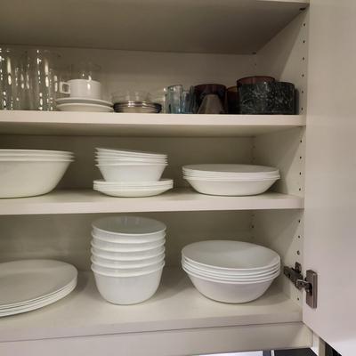 Cabinet Lot Glassware, Corelle Vitrelle  Plates, Bowls,