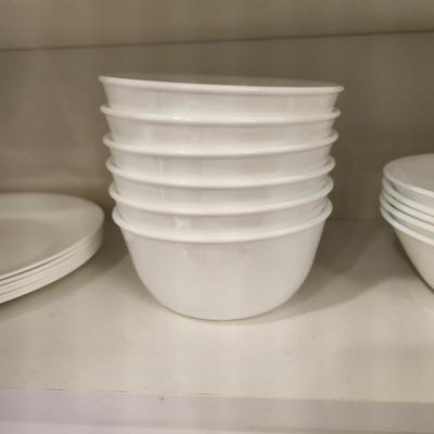 Cabinet Lot Glassware, Corelle Vitrelle  Plates, Bowls,