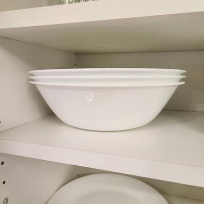 Cabinet Lot Glassware, Corelle Vitrelle  Plates, Bowls,