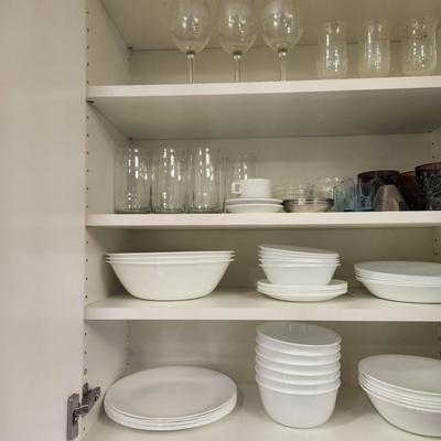 Cabinet Lot Glassware, Corelle Vitrelle  Plates, Bowls,