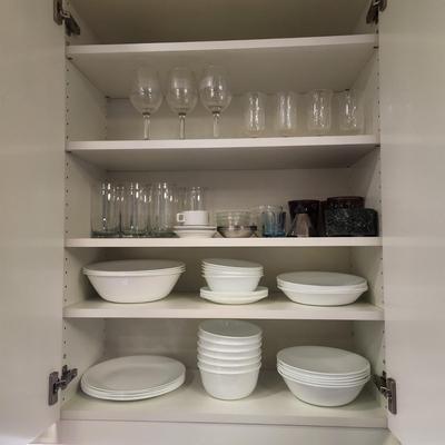 Cabinet Lot Glassware, Corelle Vitrelle  Plates, Bowls,