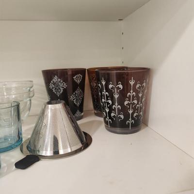 Cabinet Lot Glassware, Corelle Vitrelle  Plates, Bowls,