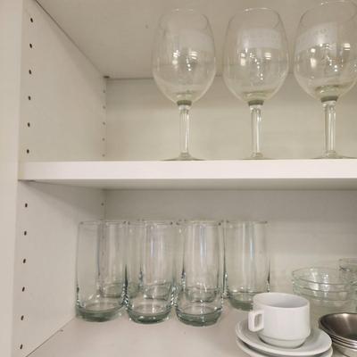 Cabinet Lot Glassware, Corelle Vitrelle  Plates, Bowls,