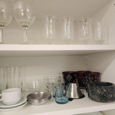 Cabinet Lot Glassware, Corelle Vitrelle  Plates, Bowls,
