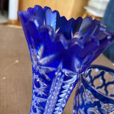 Bohemian Blue Cut Glass Vases