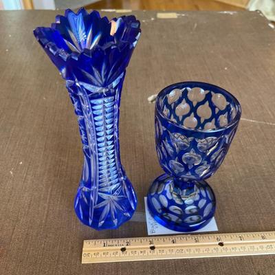 Bohemian Blue Cut Glass Vases