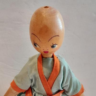 4 Dolls - all wood, peg doll, Vintage Jamaica Souvenir Doll - Vintage composite Souvenir Doll - and small Greek dancer Souvenir Doll