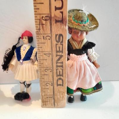 4 Dolls - all wood, peg doll, Vintage Jamaica Souvenir Doll - Vintage composite Souvenir Doll - and small Greek dancer Souvenir Doll