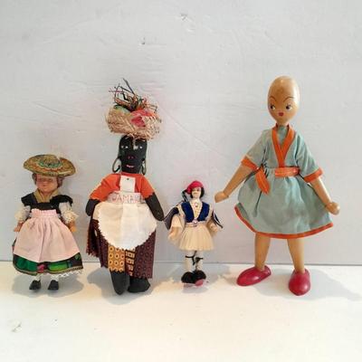 4 Dolls - all wood, peg doll, Vintage Jamaica Souvenir Doll - Vintage composite Souvenir Doll - and small Greek dancer Souvenir Doll