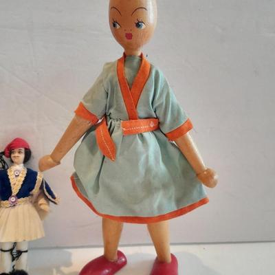 4 Dolls - all wood, peg doll, Vintage Jamaica Souvenir Doll - Vintage composite Souvenir Doll - and small Greek dancer Souvenir Doll