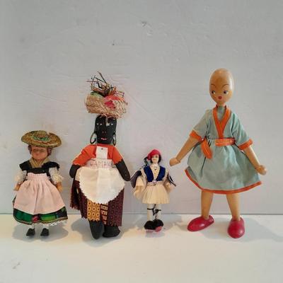 4 Dolls - all wood, peg doll, Vintage Jamaica Souvenir Doll - Vintage composite Souvenir Doll - and small Greek dancer Souvenir Doll