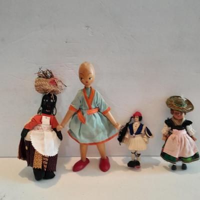 4 Dolls - all wood, peg doll, Vintage Jamaica Souvenir Doll - Vintage composite Souvenir Doll - and small Greek dancer Souvenir Doll