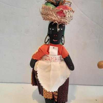 4 Dolls - all wood, peg doll, Vintage Jamaica Souvenir Doll - Vintage composite Souvenir Doll - and small Greek dancer Souvenir Doll