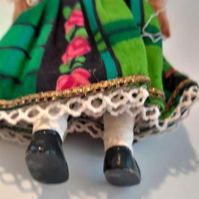 4 Dolls - all wood, peg doll, Vintage Jamaica Souvenir Doll - Vintage composite Souvenir Doll - and small Greek dancer Souvenir Doll