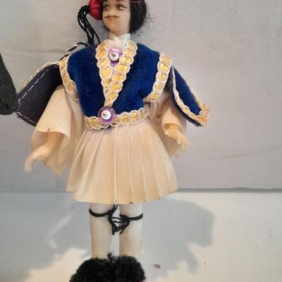 4 Dolls - all wood, peg doll, Vintage Jamaica Souvenir Doll - Vintage composite Souvenir Doll - and small Greek dancer Souvenir Doll