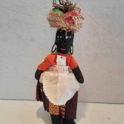 4 Dolls - all wood, peg doll, Vintage Jamaica Souvenir Doll - Vintage composite Souvenir Doll - and small Greek dancer Souvenir Doll