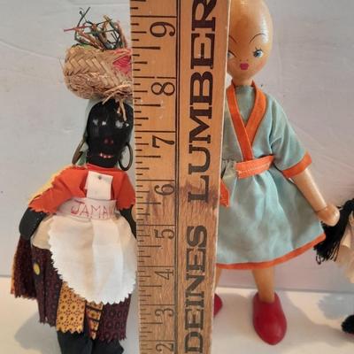 4 Dolls - all wood, peg doll, Vintage Jamaica Souvenir Doll - Vintage composite Souvenir Doll - and small Greek dancer Souvenir Doll