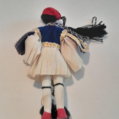 4 Dolls - all wood, peg doll, Vintage Jamaica Souvenir Doll - Vintage composite Souvenir Doll - and small Greek dancer Souvenir Doll